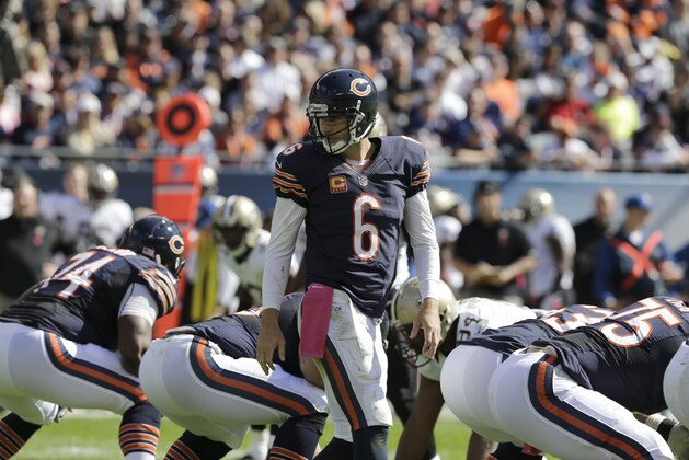 Chicago Bears quarterback Jay Cutler (6) looks around against the New Orleans Saints during the first half of an NFL football game, Sunday, Oct. 6, 2013, in Chicago.(AP Photo/Nam Y. Huh)