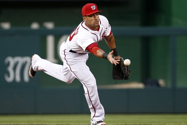 Washington Nationals shortstop Ian Desmond (20) tosses the ball to second base during the first inning of a baseball game against the Atlanta Braves at Nationals Park, Monday, Sept. 8, 2014, in Washington. (AP Photo/Alex Brandon)