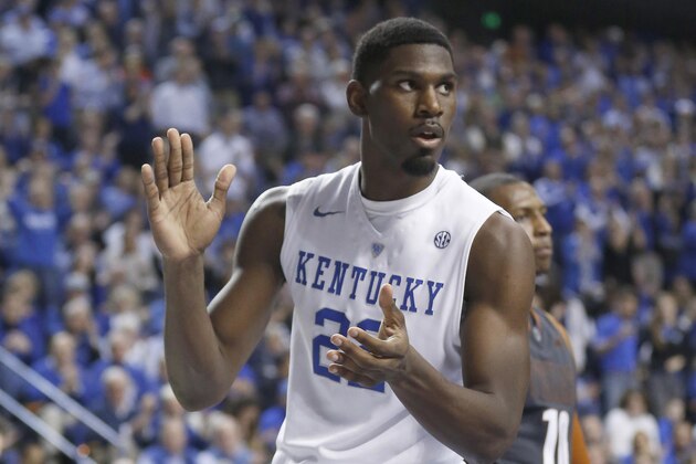 Dec 5, 2014; Lexington, KY, USA; Kentucky Wildcats guard forward Alex Poythress (22) reacts after a basket during the game against the Texas Longhorns in the second half at Rupp Arena. Kentucky defeated Texas 63-51. Mandatory Credit: Mark Zerof-USA TODAY Sports