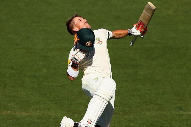 ADELAIDE, AUSTRALIA - DECEMBER 12:  David Warner of Australia celebrates after reaching his century during day four of the First Test match between Australia and India at Adelaide Oval on December 12, 2014 in Adelaide, Australia.  (Photo by Robert Cianflone/Getty Images)