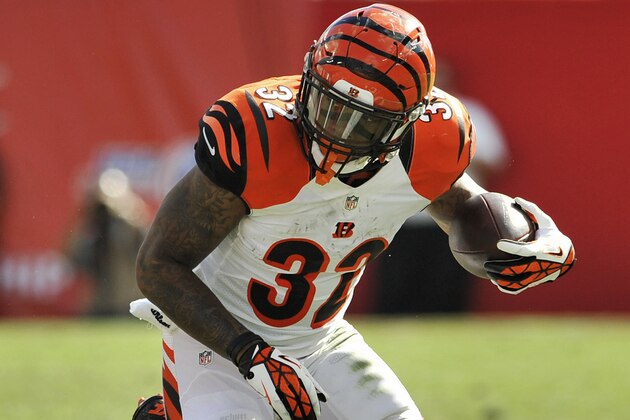 Cincinnati Bengals' Jeremy Hill (32) carries the ball during their NFL football game against the Tampa Bay Buccaneers Sunday, Nov. 30, 2014 in Tampa, Fla. (AP Photo/Steve Nesius)