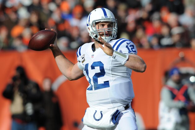 Dec 7, 2014; Cleveland, OH, USA; Indianapolis Colts quarterback Andrew Luck (12) throws a pass during the first quarter against the Cleveland Browns at FirstEnergy Stadium. Mandatory Credit: Ken Blaze-USA TODAY Sports