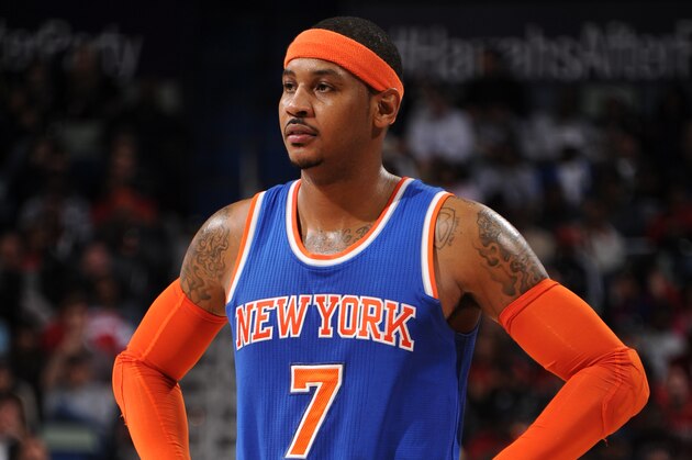 NEW ORLEANS, LA - DECEMBER 9:  Carmelo Anthony #7 of the New York Knicks during the game against the New Orleans Pelicans on December 9, 2014 at the Smoothie King Center in New Orleans, Louisiana. NOTE TO USER: User expressly acknowledges and agrees that, by downloading and or using this Photograph, user is consenting to the terms and conditions of the Getty Images License Agreement. Mandatory Copyright Notice: Copyright 2014 NBAE (Photo by Bill Baptist/NBAE via Getty Images)
