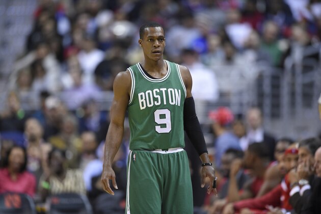 Boston Celtics guard Rajon Rondo (9) looks on during the second half of an NBA basketball game against the Washington Wizards, Monday, Dec. 8, 2014, in Washington. The Wizards won 133-132 in double overtime. (AP Photo/Nick Wass)
