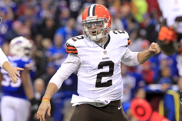 Cleveland Browns quarterback Johnny Manziel celebrates after scoring a touchdown against the Buffalo Bills during the second half of an NFL football game, Sunday, Nov. 30, 2014, in Orchard Park, N.Y. The Bills won 26-10. (AP Photo/Bill Wippert)