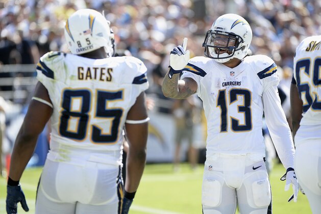 SAN DIEGO, CA - SEPTEMBER 14:  Wide receiver Keenan Allen #13 of the San Diego Chargers congratulates tight end Antonio Gates #85 of the San Diego Chargers after Gates scored a touchdown against the Seattle Seahawks at Qualcomm Stadium on September 14, 2014 in San Diego, California.  (Photo by Harry How/Getty Images)