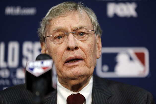Baseball commissioner Bud Selig speaks at a news conference before Game 2 of baseball's World Series between the Kansas City Royals and the San Francisco Giants Wednesday, Oct. 22, 2014, in Kansas City, Mo. (AP Photo/Jeff Roberson)