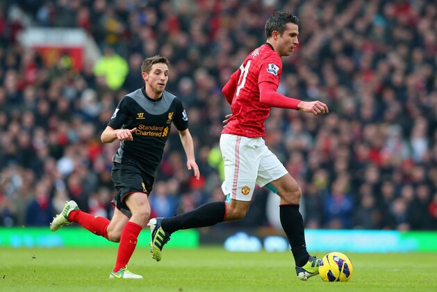MANCHESTER, ENGLAND - JANUARY 13:  Robin van Persie of Manchester United competes with Joe Allen of Liverpool during the Barclays Premier League match between Manchester United and Liverpool at Old Trafford on January 13, 2013 in Manchester, England.  (Photo by Alex Livesey/Getty Images)