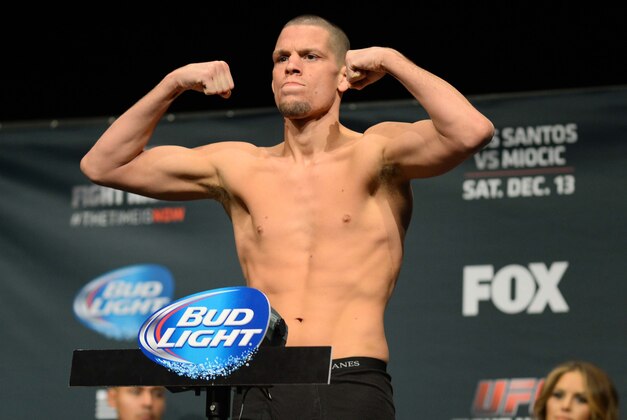 Dec 12, 2014; Phoenix, AZ, USA; Nate Diaz weighs in for his bout against Rafael dos Anjos (not pictured) during weigh-ins for UFC Fight Night at Phoenix Convention Center. Mandatory Credit: Joe Camporeale-USA TODAY Sports