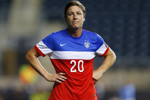 United States forward Abby Wambach (20) in action against Costa Rica during the CONCACAF championship soccer match in Chester, Pa., Sunday, Oct. 26, 2014. The United States defeated Costa Rica 6-0. (AP Photo/Rich Schultz)