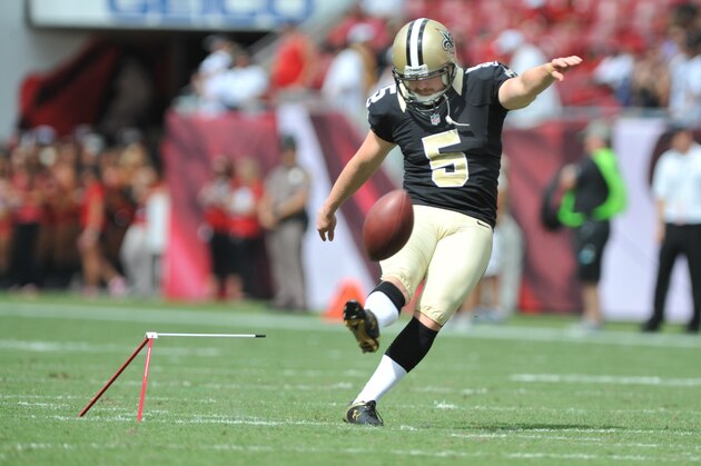 TAMPA, FL - SEPTEMBER 15: Kicker Garrett Hartley #5 of the New Orleans Saints warms up for play against the Tampa Bay Buccaneers September 15, 2013 at Raymond James Stadium in Tampa, Florida. The Saints won 16 - 14. (Photo by Al Messerschmidt/Getty Images)
