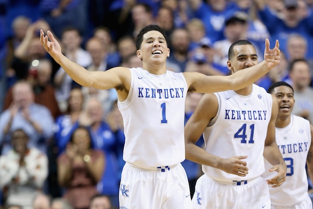 LEXINGTON, KY - DECEMBER 13:  Devin Booker #1 of the Kentucky Wildcats celebrates during the game against the North Carolina Tar Heels at Rupp Arena on December 13, 2014 in Lexington, Kentucky.  (Photo by Andy Lyons/Getty Images)