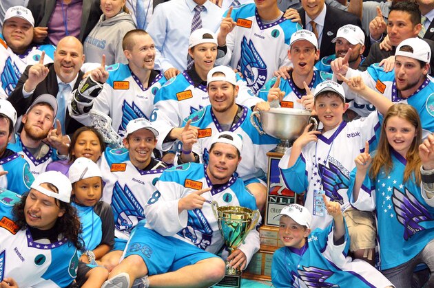 Members of the Rochester Knighthawks celebrate after winning the Champion's Cup, the National Lacrosse League's top prize, by defeating the Edmonton Rush with a 9-6 comeback win on Saturday, May 19, 2012, in Rochester, N.Y. (AP Photo/The Canadian Press, Bill Wippert, National Lacrosse League)