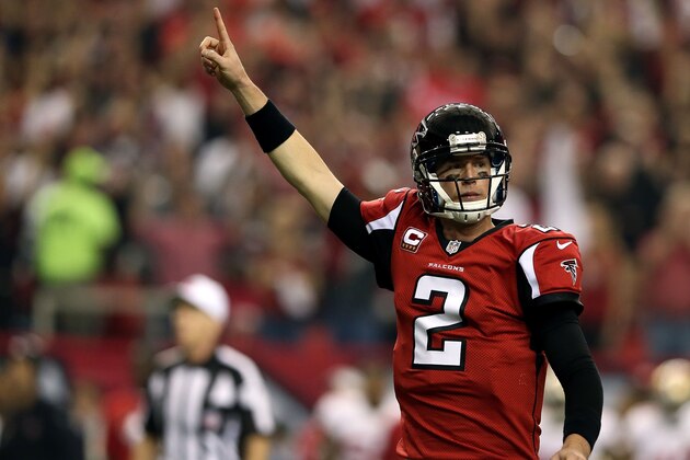 ATLANTA, GA - JANUARY 20: Quarterback Matt Ryan #2 of the Atlanta Falcons celebrates after throwing a 20-yard touchdown to wide receiver Julio Jones #11 in the second quarter against the San Francisco 49ers in the NFC Championship game at the Georgia Dome on January 20, 2013 in Atlanta, Georgia. (Photo by Streeter Lecka/Getty Images) ATLANTA, GA - JANUARY 20: Quarterback Matt Ryan #2 of the Atlanta Falcons celebrates after throwing a 20-yard touchdown to wide receiver Julio Jones #11 in the second quarter against the San Francisco 49ers in the NFC Championship game at the Georgia Dome on January 20, 2013 in Atlanta, Georgia. (Photo by Streeter Lecka/Getty Images)