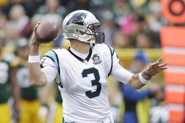 Carolina Panthers quarterback Derek Anderson drops back during the second half of an NFL football game against the Green Bay Packers Sunday, Oct. 19, 2014, in Green Bay, Wis. (AP Photo/Tom Lynn)