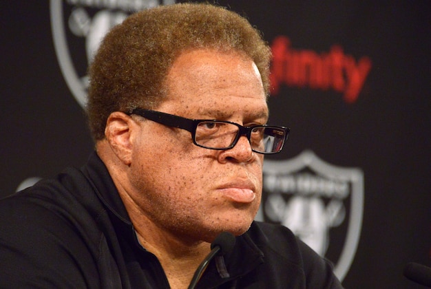 Sep 30, 2014; Alameda, CA, USA; Oakland Raiders general manager Reggie McKenzie at a press conference to introduce Tony Sparano (not pictured) as Raiders interim coach at the Raiders practice facility. Mandatory Credit: Kirby Lee-USA TODAY Sports