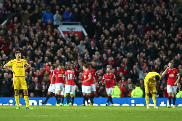 MANCHESTER, ENGLAND - DECEMBER 14:  Steven Gerrard of Liverpool looks dejected after his team conceded the third goal during the Barclays Premier League match between Manchester United and Liverpool at Old Trafford on December 14, 2014 in Manchester, England.  (Photo by Alex Livesey/Getty Images)
