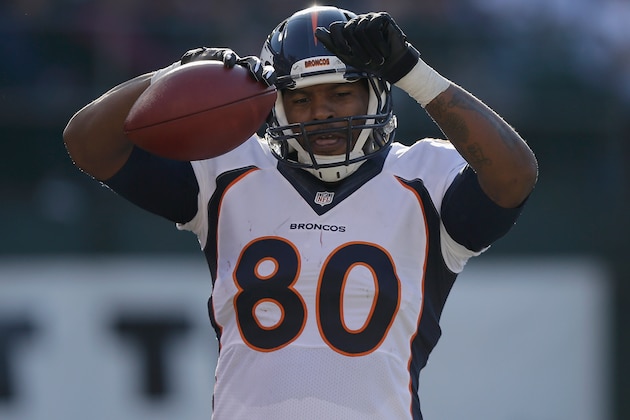OAKLAND, CA - NOVEMBER 09:  Julius Thomas #80 of the Denver Broncos celebrates a third-quarter touchdown against the Oakland Raiders at O.co Coliseum on November 9, 2014 in Oakland, California.  (Photo by Ezra Shaw/Getty Images)