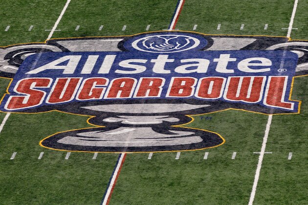 NEW ORLEANS, LA - JANUARY 03:  A detail of the Allstate Sugar Bowl logo painted on the field turf as the Michigan Wolverines play against the Virginia Tech Hokies during the Allstate Sugar Bowl at Mercedes-Benz Superdome on January 3, 2012 in New Orleans, Louisiana.  (Photo by Kevin C. Cox/Getty Images)