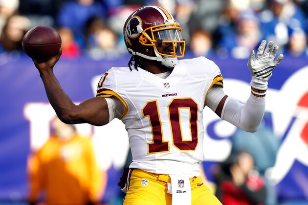 EAST RUTHERFORD, NJ - DECEMBER 14:  Robert Griffin III #10 of the Washington Redskins throws a pass in the second quarter against the New York Giants during their game at MetLife Stadium on December 14, 2014 in East Rutherford, New Jersey.  (Photo by Jeff Zelevansky/Getty Images)
