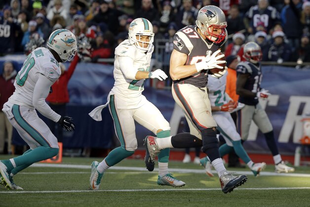 New England Patriots tight end Rob Gronkowski (87) catches a touchdown pass against the Miami Dolphins in the second half of an NFL football game, Sunday, Dec. 14, 2014, in Foxborough, Mass. (AP Photo/Steven Senne)