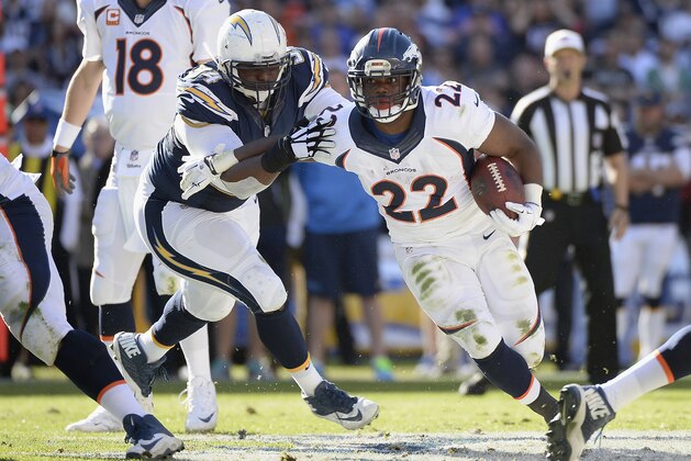 SAN DIEGO, CA - DECEMBER 14:  Running back C.J. Anderson #22 of the Denver Broncos is pursued by outside linebacker Melvin Ingram #54 of the San Diego Chargers at Qualcomm Stadium on December 14, 2014 in San Diego, California.  (Photo by Harry How/Getty Images)