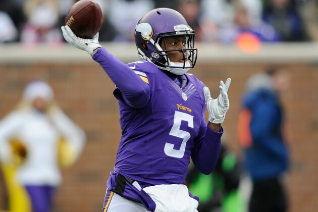MINNEAPOLIS, MN - DECEMBER 7: Teddy Bridgewater #5 of the Minnesota Vikings looks to pass the ball against the New York Jets during the fourth quarter of the game on December 7, 2014 at TCF Bank Stadium in Minneapolis, Minnesota. The Vikings defeated the Jets 30-24. (Photo by Hannah Foslien/Getty Images)