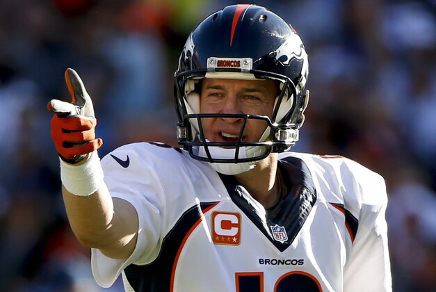 Denver Broncos quarterback Peyton Manning yells to his team during the first half of an NFL football game against the San Diego Chargers Sunday, Dec. 14, 2014, in San Diego. (AP Photo/Lenny Ignelzi)