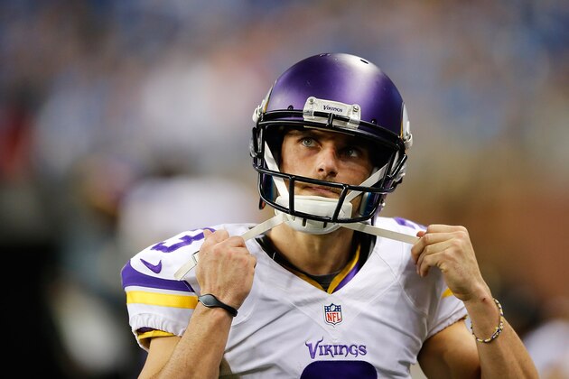 DETROIT, MI - DECEMBER 14: Blair Walsh #3 of the Minnesota Vikings reacts on the sidelines after having a fourth quarter field goal attempt blocked during the game against the Detroit Lions at Ford Field on December 14, 2014 in Detroit, Michigan. The Lions defeated the Vikings 16-14. (Photo by Leon Halip/Getty Images)