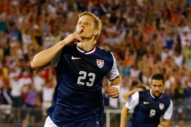 HARTFORD, CT - JULY 16: Brek Shea #23 of the United States celebrates his goal after scoring late in the second half against Costa Rica during the CONCACAF Gold Cup match at Rentschler Field on July 16, 2013 in East Hartford, Connecticut. (Photo by Jared Wickerham/Getty Images)