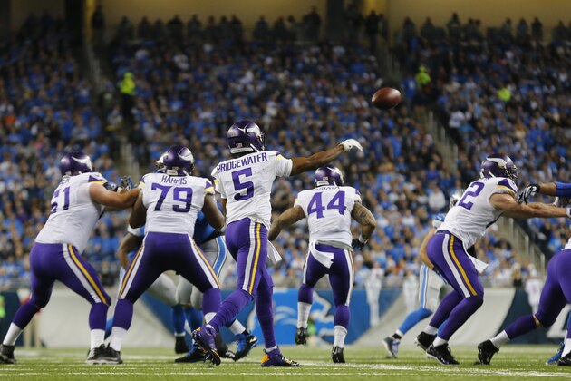 Minnesota Vikings quarterback Teddy Bridgewater (5) throws during the first half of an NFL football game against the Detroit Lions at Ford Field in Detroit, Sunday, Dec. 14, 2014. (AP Photo/Paul Sancya) Minnesota Vikings quarterback Teddy Bridgewater (5) throws during the first half of an NFL football game against the Detroit Lions at Ford Field in Detroit, Sunday, Dec. 14, 2014. (AP Photo/Paul Sancya)