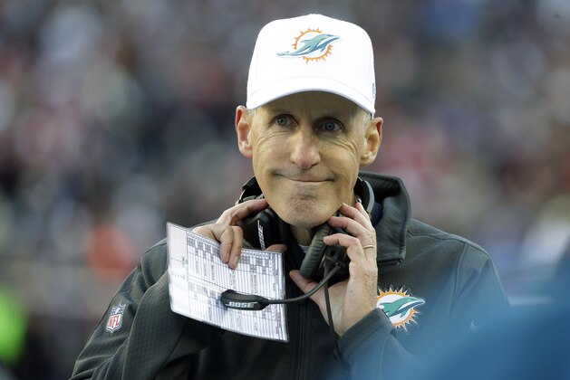 Miami Dolphins head coach Joe Philbin watches the action against the New England Patriots from the sideline in the first half of an NFL football game Sunday, Dec. 14, 2014, in Foxborough, Mass. (AP Photo/Steven Senne)