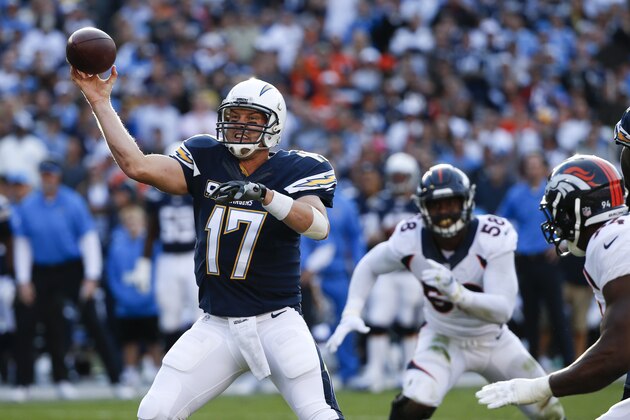 San Diego Chargers quarterback Philip Rivers passes against the Denver Broncos during the second half of an NFL football game Sunday, Dec. 14, 2014, in San Diego. (AP Photo/Lenny Ignelzi)