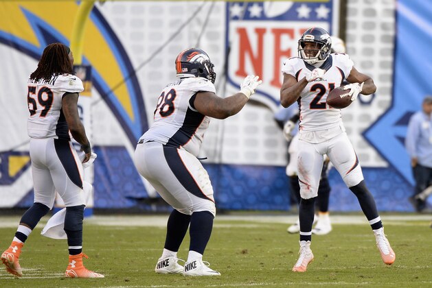 SAN DIEGO, CA - DECEMBER 14:  Cornerback Aqib Talib #21 and defensive tackle Terrance Knighton #98 of the Denver Broncos celebrate after Talib intercepted a San Diego Chargers pass attempt at Qualcomm Stadium on December 14, 2014 in San Diego, California.  (Photo by Harry How/Getty Images)