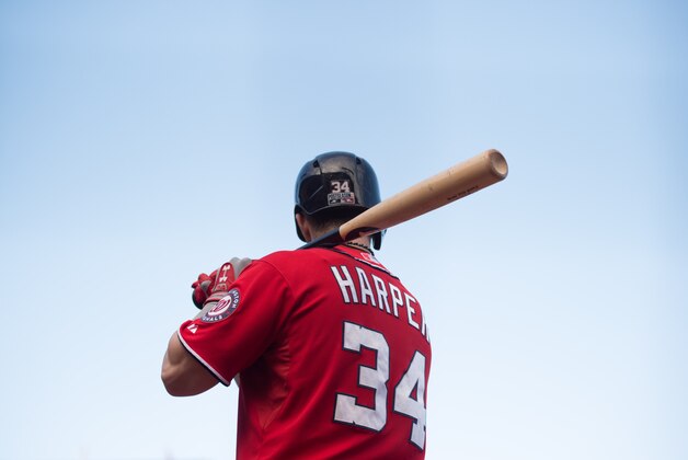October 6, 2014; San Francisco, CA, USA; Washington Nationals left fielder Bryce Harper (34) stands on deck during game three of the 2014 NLDS baseball playoff game against the San Francisco Giants at AT&T Park. Mandatory Credit: Kyle Terada-USA TODAY Sports