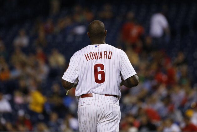 Philadelphia Phillies' Ryan Howard walks the field during a baseball game against the Pittsburgh Pirates, Wednesday, Sept. 10, 2014, in Philadelphia. (AP Photo/Matt Slocum)
