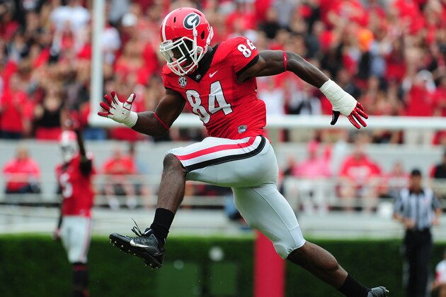 ATHENS, GA - SEPTEMBER 21: Leonard Floyd #84 of the Georgia Bulldogs celebrates after making a tackle against the North Texas Mean Green at Sanford Stadium on September 21, 2013 in Athens, Georgia. (Photo by Scott Cunningham/Getty Images)