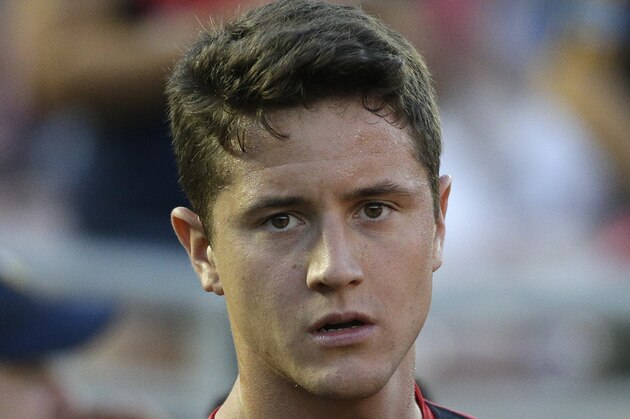 Manchester United's Ander Herrera trains during practice for the team's friendly soccer match against the Los Angeles Galaxy at the Rose Bowl on Wednesday, July 23, 2014, in Pasadena, Calif. (AP Photo)