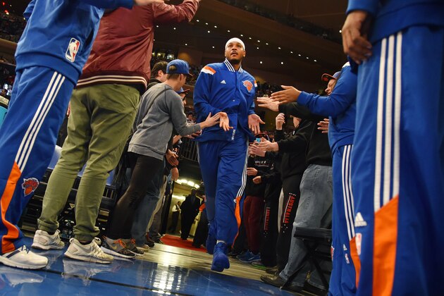 NEW YORK, NY - December 4: Carmelo Anthony #7 of the New York Knicks is introduced before the game against the Cleveland Cavaliers on December 4, 2014 at Madison Square Garden in New York City, New York. NOTE TO USER: User expressly acknowledges and agrees that, by downloading and or using this Photograph, user is consenting to the terms and conditions of the Getty Images License Agreement. Mandatory Copyright Notice: Copyright 2014 NBAE (Photo by Jesse D. Garrabrant/NBAE via Getty Images)