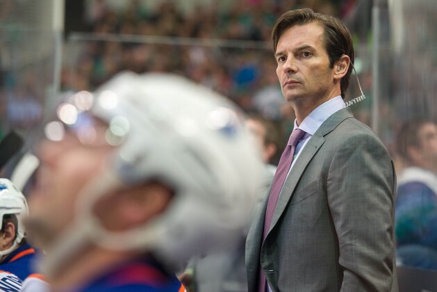 Nov 25, 2014; Dallas, TX, USA; Edmonton Oilers head coach Dallas Eakins watches the game between the Dallas Stars and the Oilers during the third period at the American Airlines Center. The Stars defeated the Oilers 3-2. Mandatory Credit: Jerome Miron-USA TODAY Sports