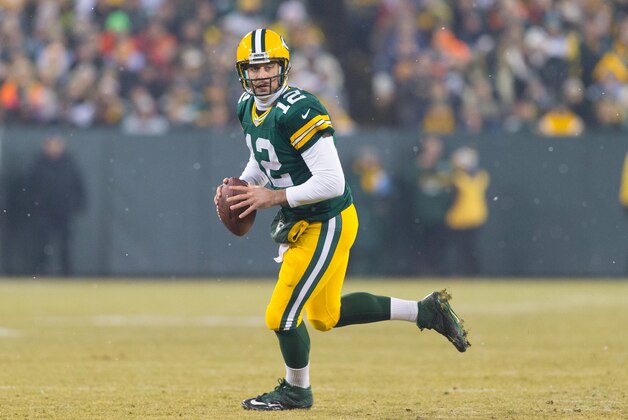 Dec 8, 2014; Green Bay, WI, USA; Green Bay Packers quarterback Aaron Rodgers (12) during the game against the Atlanta Falcons at Lambeau Field.  Green Bay won 43-37.  Mandatory Credit: Jeff Hanisch-USA TODAY Sports