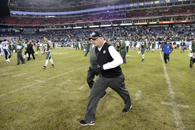 New York Jets head coach Rex Ryan leaves the field after an NFL football game Sunday, Dec. 14, 2014, in Nashville, Tenn. The Jets won 16-11. (AP Photo/Mark Zaleski)