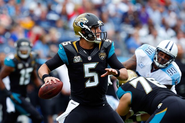 NASHVILLE, TN - OCTOBER 12:  Blake Bortles #5 of the Jacksonville Jaguars drops back to pass against the Tennessee Titans during the first quarter of a game at LP Field on October 12, 2014 in Nashville, Tennessee.  (Photo by Wesley Hitt/Getty Images)