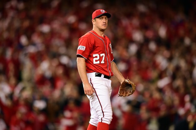 WASHINGTON, DC - OCTOBER 04:  Jordan Zimmermann #27 of the Washington Nationals looks on in the ninth inning against the San Francisco Giants during Game Two of the National League Division Series at Nationals Park on October 4, 2014 in Washington, DC.  (Photo by Patrick Smith/Getty Images)