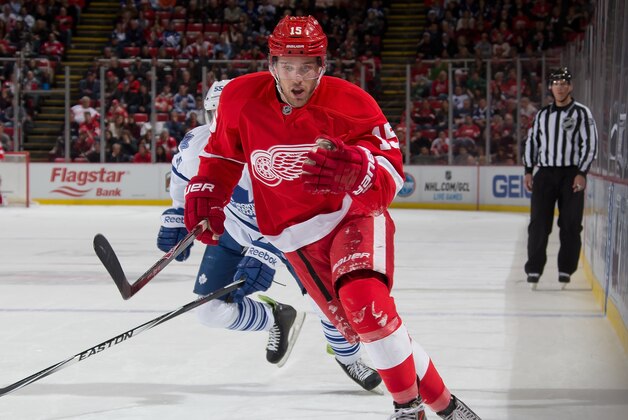 DETROIT, MI - DECEMBER 10: Riley Sheahan #15 of the Detroit Red Wings follows the play during a NHL game against the Toronto Maple Leafs on December 10, 2014 at Joe Louis Arena in Detroit, Michigan. The Maple Leafs defeated the Wings 2-1 in a shootout (Photo by Dave Reginek/NHLI via Getty Images)