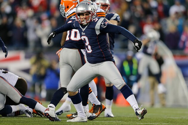 FOXBORO, MA - DECEMBER 8: Stephen Gostkowski #3 of the New England Patriots  reacts after the Patriots recovered his onside kick against the Cleveland Browns late  in the 4th quarter at Gillette Stadium on December 8, 2013 in Foxboro, Massachusetts. (Photo by Jim Rogash/Getty Images)