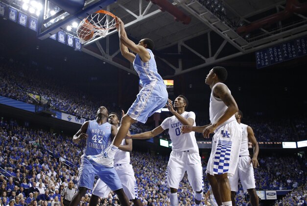 Dec 13, 2014; Lexington, KY, USA; North Carolina Tar Heels forward Brice Johnson (11) dunks the ball against the Kentucky Wildcats at Rupp Arena. The Kentucky Wildcats defeated North Carolina Tar Heels 84-70. Mandatory Credit: Mark Zerof-USA TODAY Sports