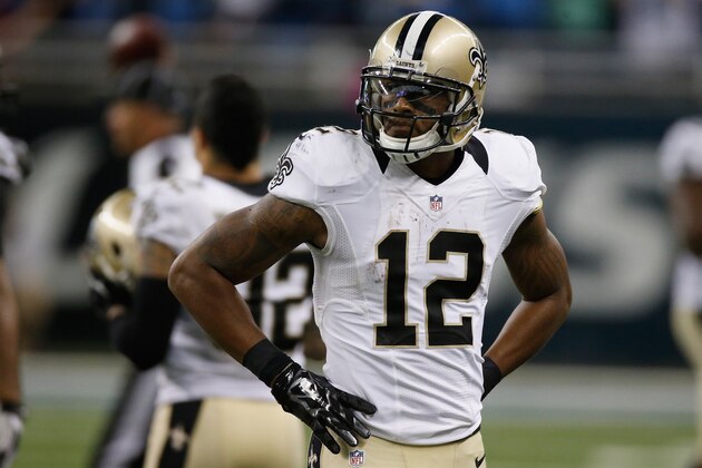 DETROIT, MI - OCTOBER 19: Marques Colston #12 of the New Orleans Saints looks on as time runs out during a 23-24 loss to the Detroit Lions at Ford Field on October 19, 2014 in Detroit, Michigan. (Photo by Greg Shamus/Getty Images)