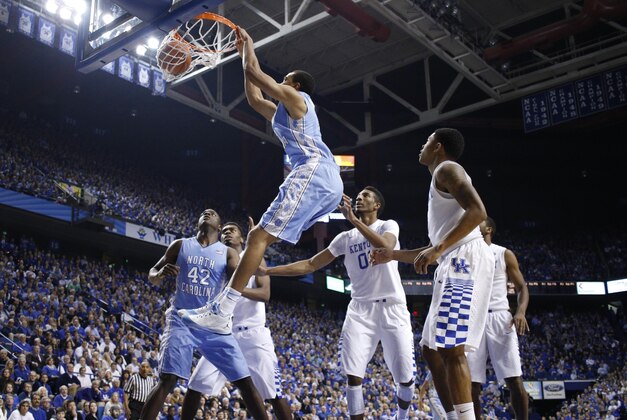 Dec 13, 2014; Lexington, KY, USA; North Carolina Tar Heels forward Brice Johnson (11) dunks the ball against the Kentucky Wildcats at Rupp Arena. The Kentucky Wildcats defeated North Carolina Tar Heels 84-70. Mandatory Credit: Mark Zerof-USA TODAY Sports