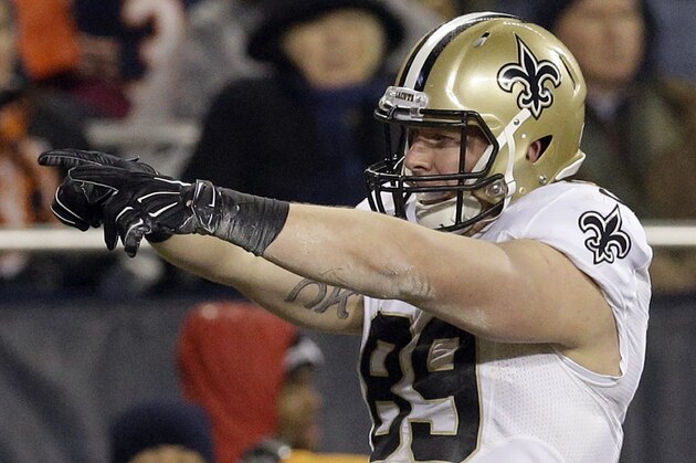 New Orleans Saints tight end Josh Hill (89) celebrates a touchdown during the first half of an NFL football game against the Chicago Bears Monday, Dec. 15, 2014, in Chicago. (AP Photo/Nam Y. Huh)